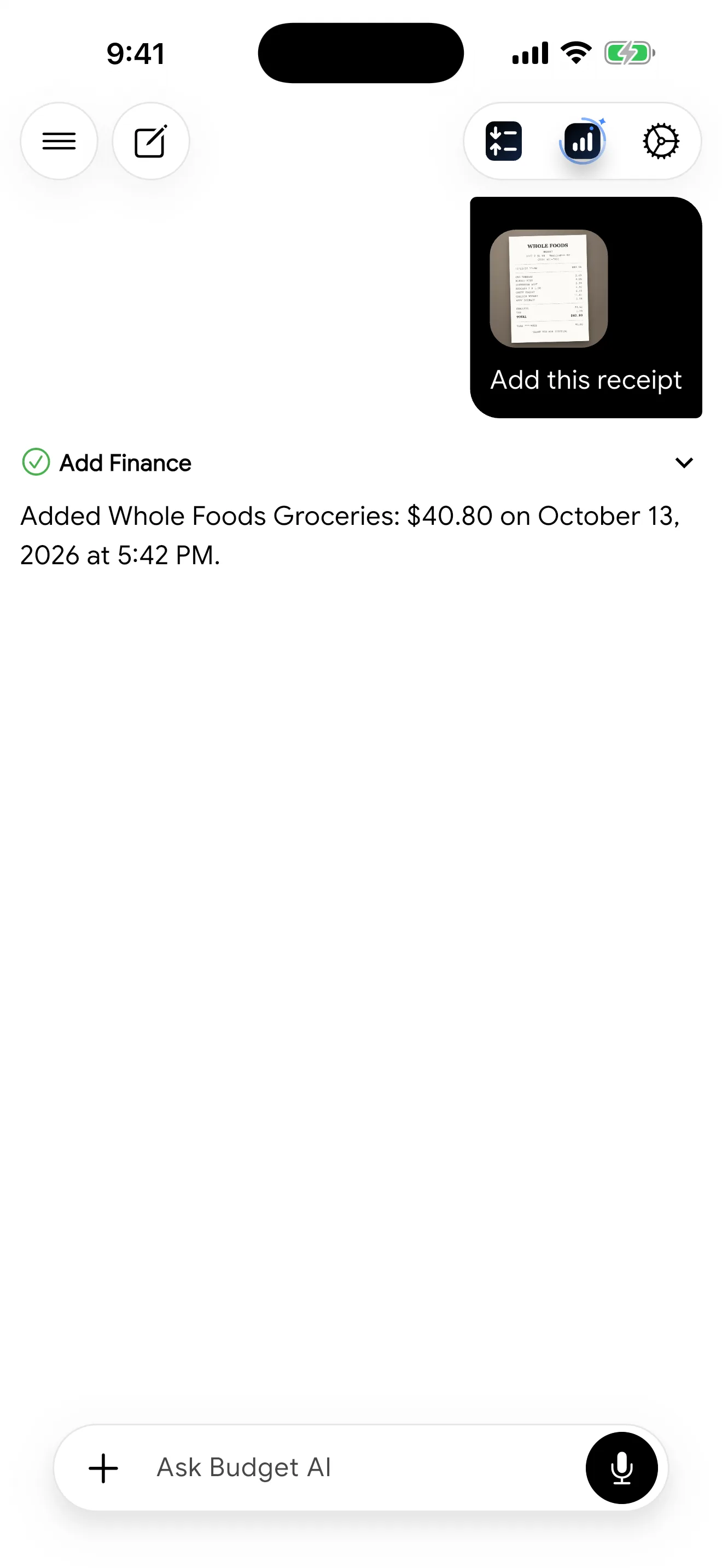 Chat adding a Whole Foods receipt